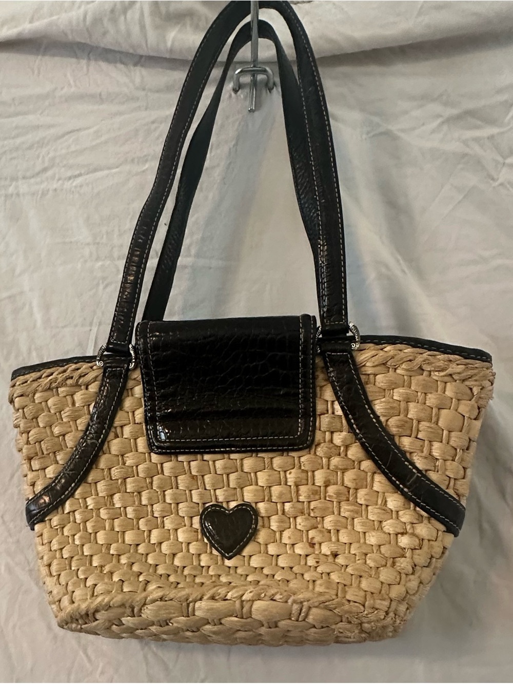 Brighton Woven Straw Tote with Black Leather Trim - Heart Accent